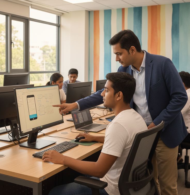 AI engineer working on a laptop in a modern coworking space